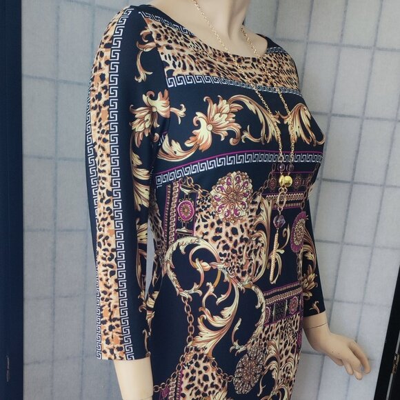 Chic CACHE Medallion Leopard Greek Key Print Sheath Dress Size 12/L - Picture 1 of 8